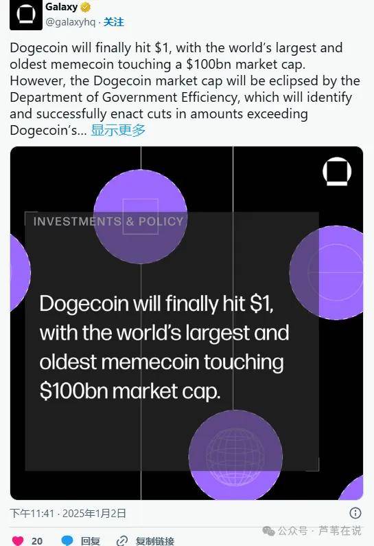 狗狗币2025达到 1 美元，DOGE市值将飙升 1000 亿美元！